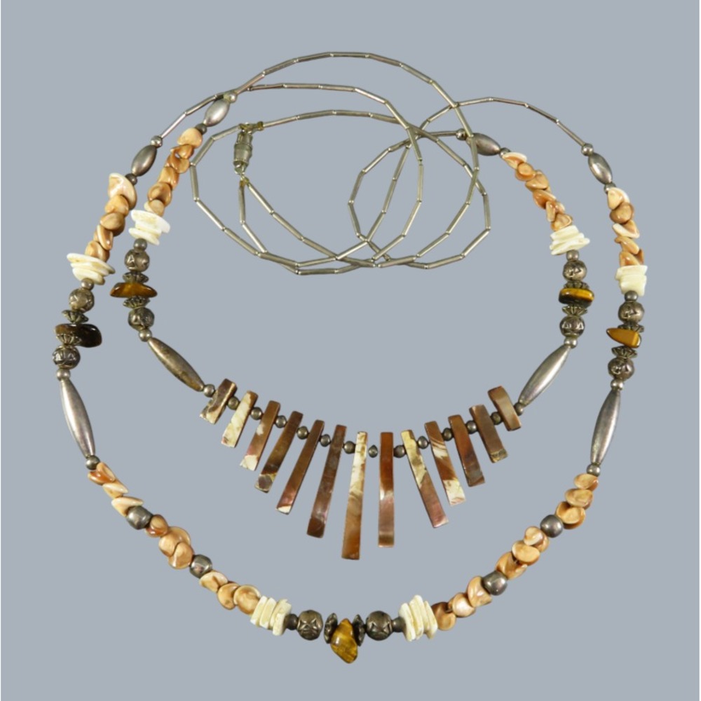 VTG Beaded 2-Strand Necklace CUT BROWN AGATE FRINGE Jasper/Mop Beads SILVER TONE
